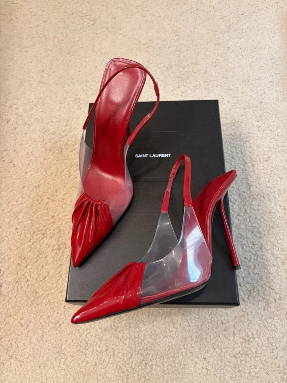 $1,095 SAINT LAURENT Frida Leather And Pvc Slingback Pumps In Cherry - Picture 2 of 13